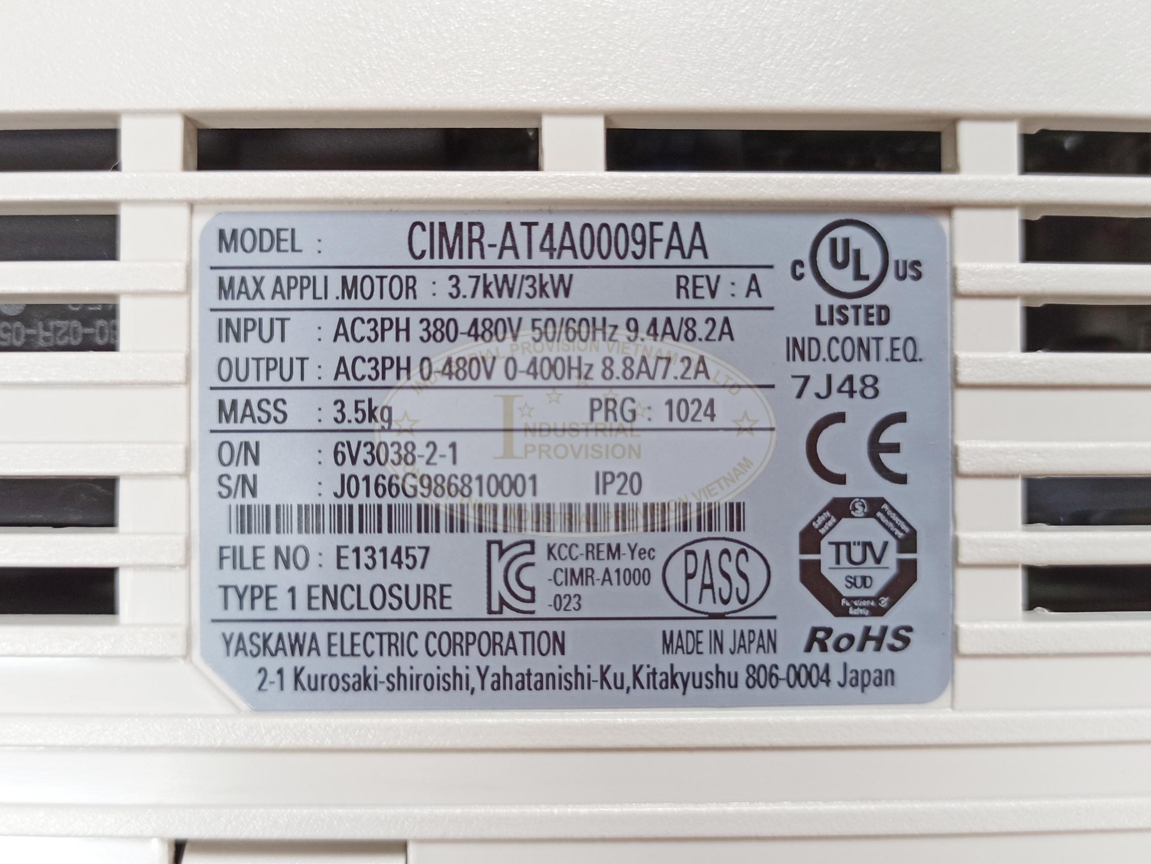 Biến tần Yaskawa A1000 3.0/3.7kW 380V, CIMR-AT4A0009FAA 9 CIMR AT4A0009FAA 6