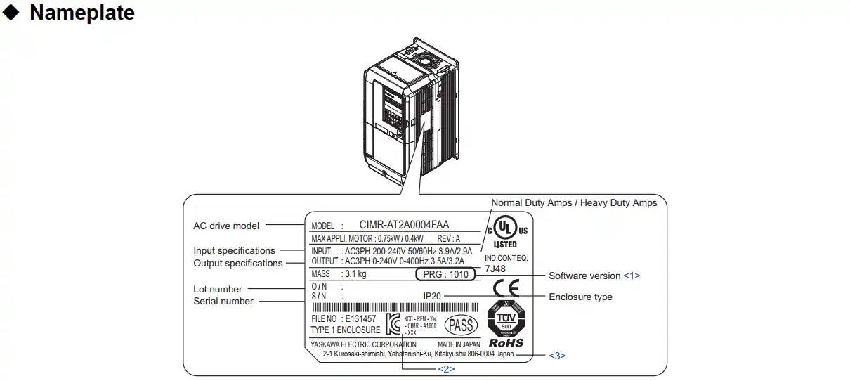 Biến tần Yaskawa A1000 2.2/3.0kW 220V, CIMR-AT2A0012FAA 8 Nameplate A1000 Yaskawa