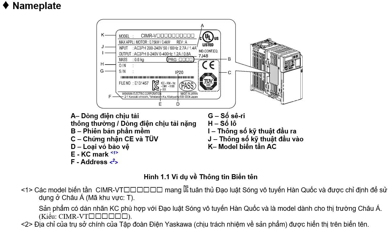 Biến tần Yaskawa V1000 2.2/3.0kW 220V, CIMR-VT2A0012BAA 8 V1000 Nameplate